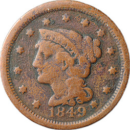 Монета 1 цент 1849 Liberty Head Cent США
