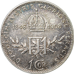 Монета 1 крона 1908 60 лет правлению Австрия