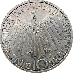 Монета 10 марок 1972 F - Штутгарт XX летние Олимпийские Игры, Мюнхен 1972 - Эмблема In München Германия