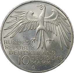 Монета 10 марок 1972 G - Карлсруэ XX летние Олимпийские Игры, Мюнхен 1972 - Стадион Германия