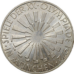 Монета 10 марок 1972 G - Карлсруэ XX летние Олимпийские Игры, Мюнхен 1972 - Эмблема In München Германия