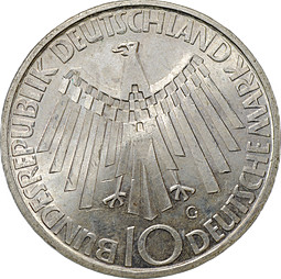 Монета 10 марок 1972 G - Карлсруэ XX летние Олимпийские Игры, Мюнхен 1972 - Эмблема In München Германия
