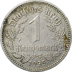 Монета 1 рейхсмарка (марка) 1935 A - Берлин Германия Третий рейх