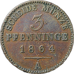 Монета 3 пфеннига 1864 Пруссия