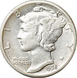 Монета 1 дайм 1935 Mercury Dime США