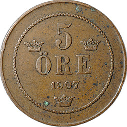 Монета 5 эре 1907 Швеция
