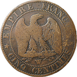 Монета 5 сантимов 1853 W - Лилль Франция