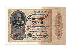 Банкнота 1000000000 (миллиард) марок 1923 надпечатка на 1000 марок 1922 Германия Веймарская республика