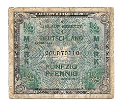 Банкнота 1/2 марки 1944 оккупация союзниками Германия