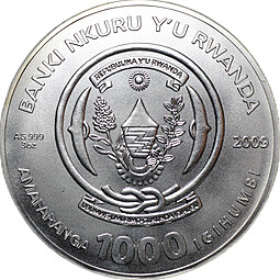 Монета 1000 франков 2009 Знаки зодиака Овен Руанда
