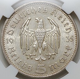 Монета 5 рейхсмарок (марок) 1935 A - Берлин Гинденбург Германия Третий рейх слаб ННР MS 61