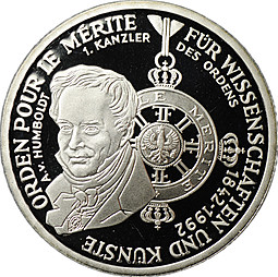 Монета 10 марок 1992 D 150 лет ордену Pour-le-Merite за заслуги в науке и искусстве Германия PROOF