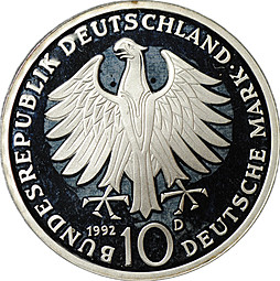 Монета 10 марок 1992 D 150 лет ордену Pour-le-Merite за заслуги в науке и искусстве Германия PROOF