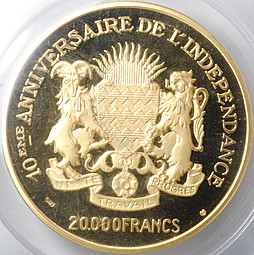 Монета 20000 франков 1970 10 лет Независимости Чад слаб PCGS PR66DCAM