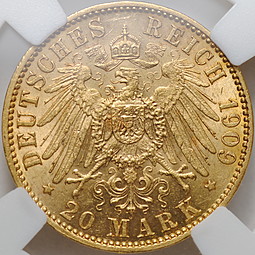 Монета 20 марок 1909 "J" - Гамбург Пруссия Германская империя Германия слаб ННР MS 62