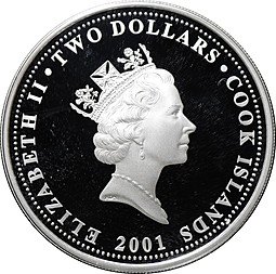 Монета 2 доллара 2001 Дикая природа Азии - Фазан микадо Острова Кука