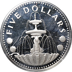 Монета 5 долларов 1975 Фонтан серебро Барбадос