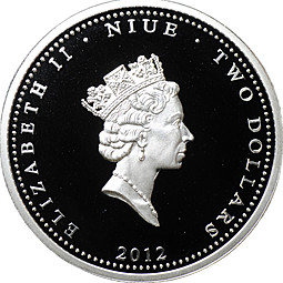 Монета 2 доллара 2012 Поэты Золотого века - Пушкин Ниуэ