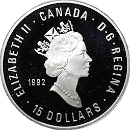 Монета 15 долларов 1992 100 лет Олимпийским играм спортсмены Канада