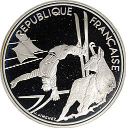 Монета 100 франков 1990 Олимпиада Альбервиль 1992 - Фристайл Франция