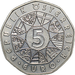 Монета 5 евро 2005 10 лет членству Австрии в ЕС гимн Австрия