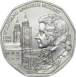 Монета 5 евро 2006 250 лет со дня рождения Вольфганга Амадея Моцарта Австрия
