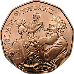 Монета 5 евро 2017 150 лет Дунайскому вальсу медь Австрия