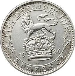Монета 6 пенсов 1926 Великобритания