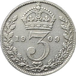 Монета 3 пенса 1909 Великобритания