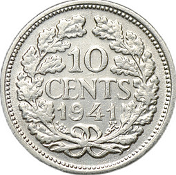 Монета 10 центов 1941 Портрет на аверсе серебро Нидерланды