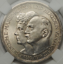 Монета 3 марки 1914 25 лет свадьбы Фридриха и Марии Анхальт-Дессау Германия слаб ННР MS 63