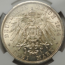 Монета 3 марки 1914 25 лет свадьбы Фридриха и Марии Анхальт-Дессау Германия слаб ННР MS 63