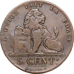 Монета 5 сантимов 1851 Бельгия