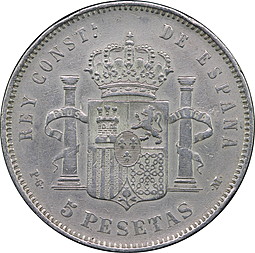 Монета 5 песет 1892 Старый аверс Испания