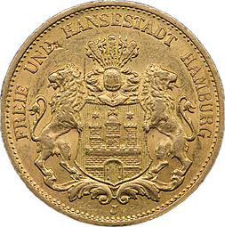 Монета 20 марок 1897 Гамбург Германская империя