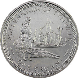 Монета 1 крона 1979 1000 лет Тинвальду - Ост-индский корабль Остров Мэн