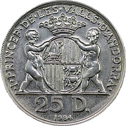 Монета 25 динеров 1984 Жоан Д.М. Епископ Уржеля Андорра