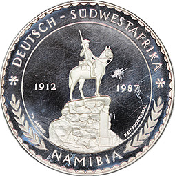 Монета 5 унций серебра 1987 75 лет Немецкой Африке Намибия