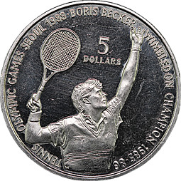 Монета 5 долларов 1987 XXIV летние Олимпийские Игры, Сеул 1988 - Теннис, Борис Беккер Ниуэ