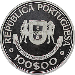 Монета 100 эскудо 1989 Золотой век открытий - Канарские острова серебро Португалия