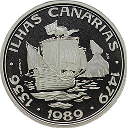 Монета 100 эскудо 1989 Золотой век открытий - Канарские острова серебро Португалия