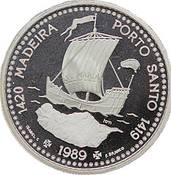 Монета 100 эскудо 1989 Золотой век открытий - остров Мадейра серебро Португалия