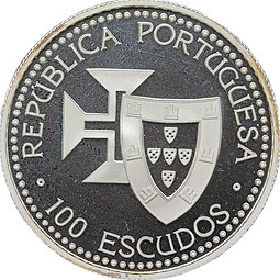 Монета 100 эскудо 1989 Золотой век открытий - остров Мадейра серебро Португалия