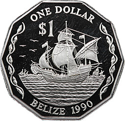 Монета 1 доллар 1990 Корабль Колумба серебро Белиз