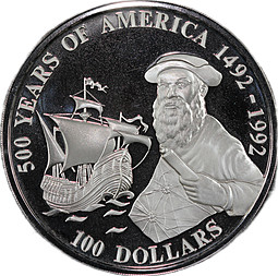 Монета 100 долларов 1990 500 лет открытию Америки - Фердинанд Магеллан Острова Кука