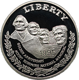 Монета 1 доллар 1991 S 50 лет Национальному мемориалу Рашмор США
