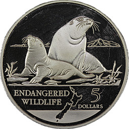 Монета 5 долларов 1993 Вымирающая дикая природа - Новозеландский морской лев Новая Зеландия
