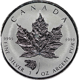 Монета 5 долларов 2016 Кленовый лист Отметка гризли Канада