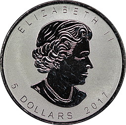 Монета 5 долларов 2017 Кленовый лист Отметка лось Канада