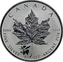 Монета 5 долларов 2017 Кленовый лист Отметка лось Канада